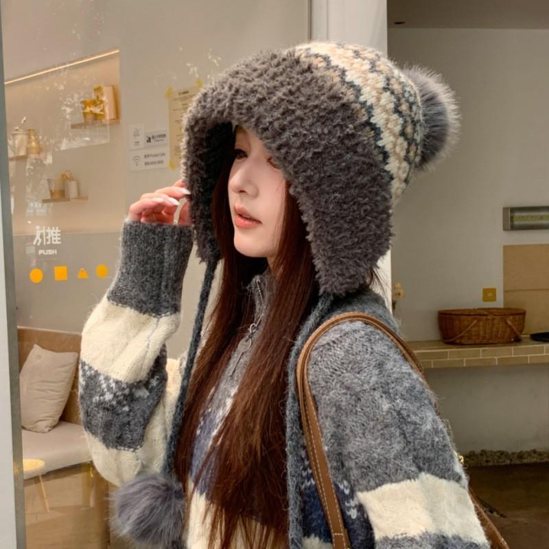 Winter Dicke Warme Mütze mit Ohrenklappen Damen Niedlich Plüsch Quaste Gestrickt Outdoor Kälteschutz