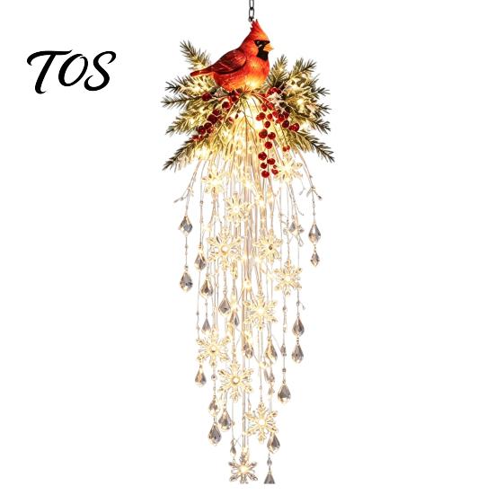 Christmas Gift for Friends Crystal Waterfall Lights, LED Warm White Snowman Pendant Decorative Pine Branch Pendants Light with Snowflake Droplets,