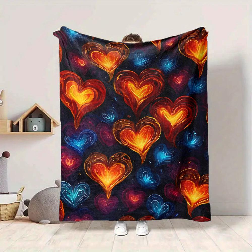 1pc Heart Flames Print Blanket   Lightweight Flannel Throw Blanket For Sofa, Bed, Living Room, Office, Outdoor Travel, Camping