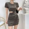 Sexy Waist Slim Short-sleeved Dress Women's Summer Dress New Solid Color High Waist Pleated Hip-wrapped Short Skirt Women's Clothing
