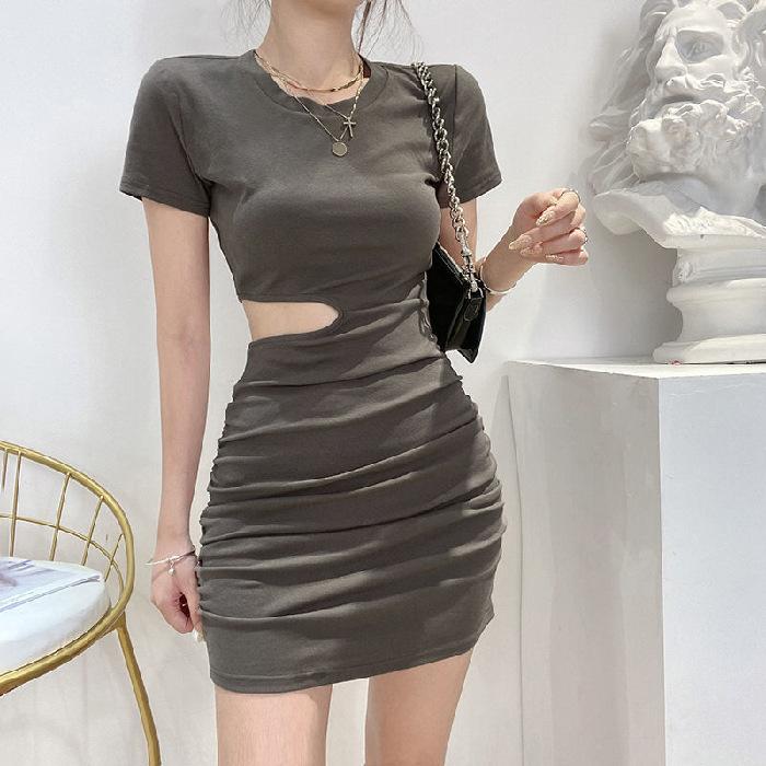 Sexy Waist Slim Short-sleeved Dress Women's Summer Dress New Solid Color High Waist Pleated Hip-wrapped Short Skirt Women's Clothing