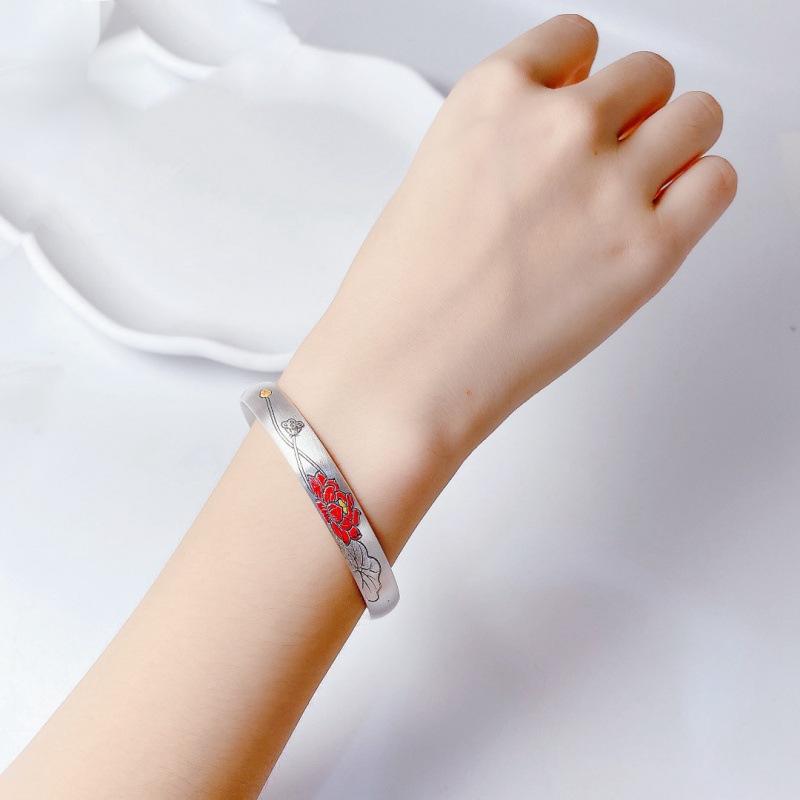 Noha Stříbro S999 Starobylý Smalt Květ Lotosu Náramek China-Chic Cloisonné Stálobarevný Starobylý Styl Náramek