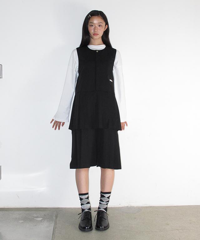 Ronron Heart Pocket Half Pleated Dress Black