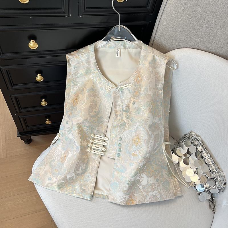 2025 Vintage Vest Women's Spring Satin Jacquard Crew Neck Sleeveless Vest Top