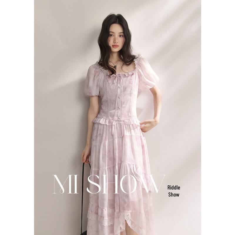 Mixiu Ombre Chiffon Square Neck Puff Sleeve Skirt Set S фиолетовый