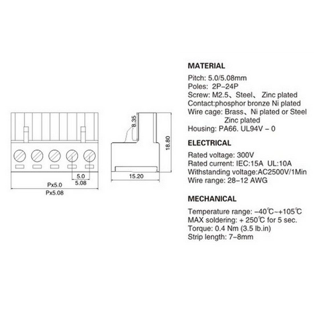 

Oiyagai 10 Set 6-Pin 5.08mm Pitch Male Female PCB Screw Terminal Block 04P x 10 Set