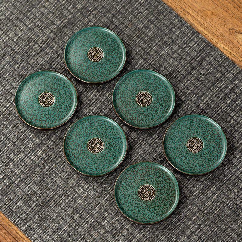 Nordic Gold Plated Dark Green Ceramic Coaster Home Tea Cup Tea Set Accessories Mini Small Tray Home Decoration Porcelain Crafts