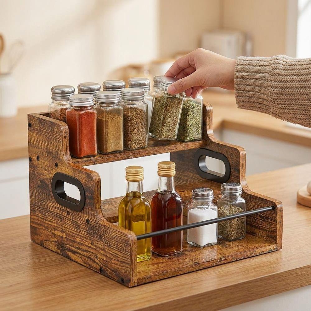 Wooden Liquor Bottle Display Shelf Detachable Heavy-Duty Kitchen Seasoning Stand Retro Style Rustic Liquor Cabinet