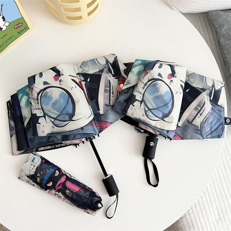 Doodle Cat Umbrella UV Black Glue Sun Umbrella Sun Rain Dual Use Auto Open Three Fold Umbrella Student Sun Proof Sun Shade