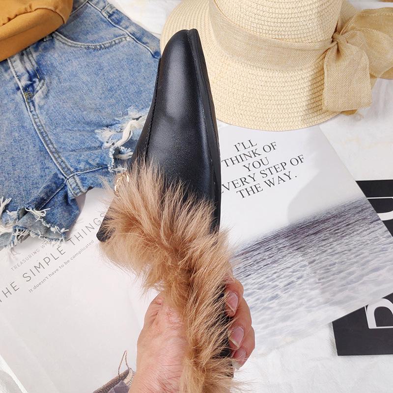 Women's Winter Rabbit Fur Lined Half Slippers: Versatile Flat Bottom Mules (Large Size 41-44)