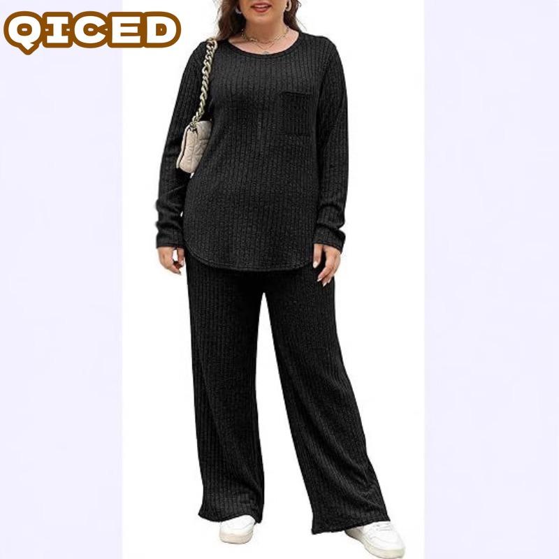 QICED Damen Mode Lässige Langarm O-Ausschnitt Hosenanzüge