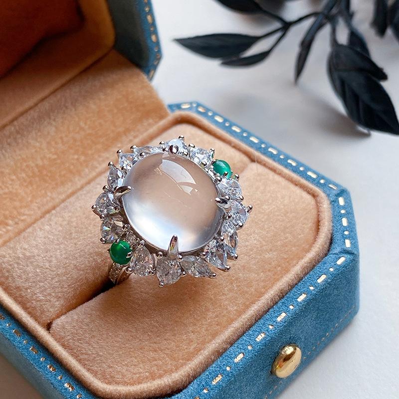 Natural Ice Transparent Green Chalcedony Gray Agate White Jade Full Diamond Open Ring Women s Temperament Luxury Inlaid Pendant Necklace Set Natural agate