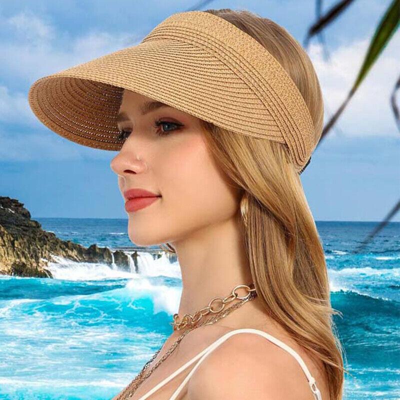 Summer Women's Wide-brimmed Sun Hat Foldable Solid Color Leisure Holiday Empty Top Breathable Straw Hat UV-proof Beach Hat