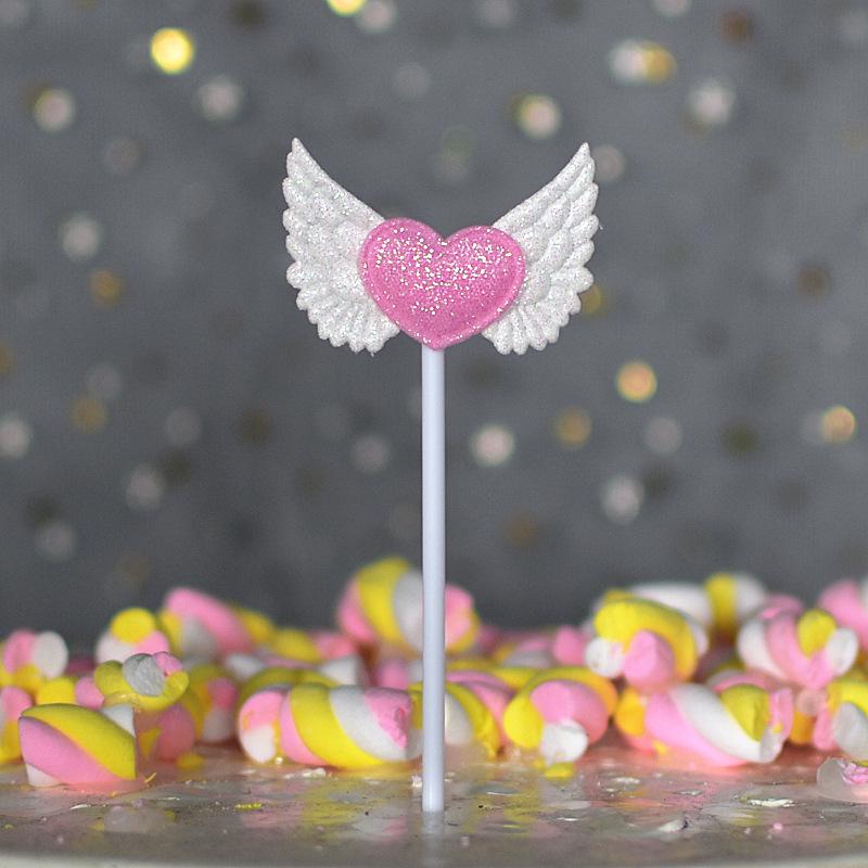 Angel Wing Feather Cake Toppers with Wire Heart String Lights