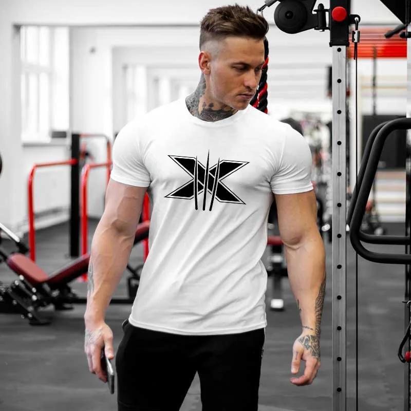 Mens Gym Fitness Clothing Man Cotton Sports Short Sleeve Tshirt Running Training Slim Printed Shirt Sweatshirt Casual Tops