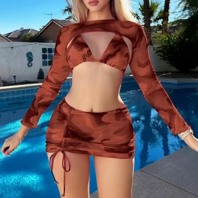 New European and American Tie-dye Bikini 4-piece Swimsuit Women's Long-sleeved Blouse Beach Bikini Swimsuit