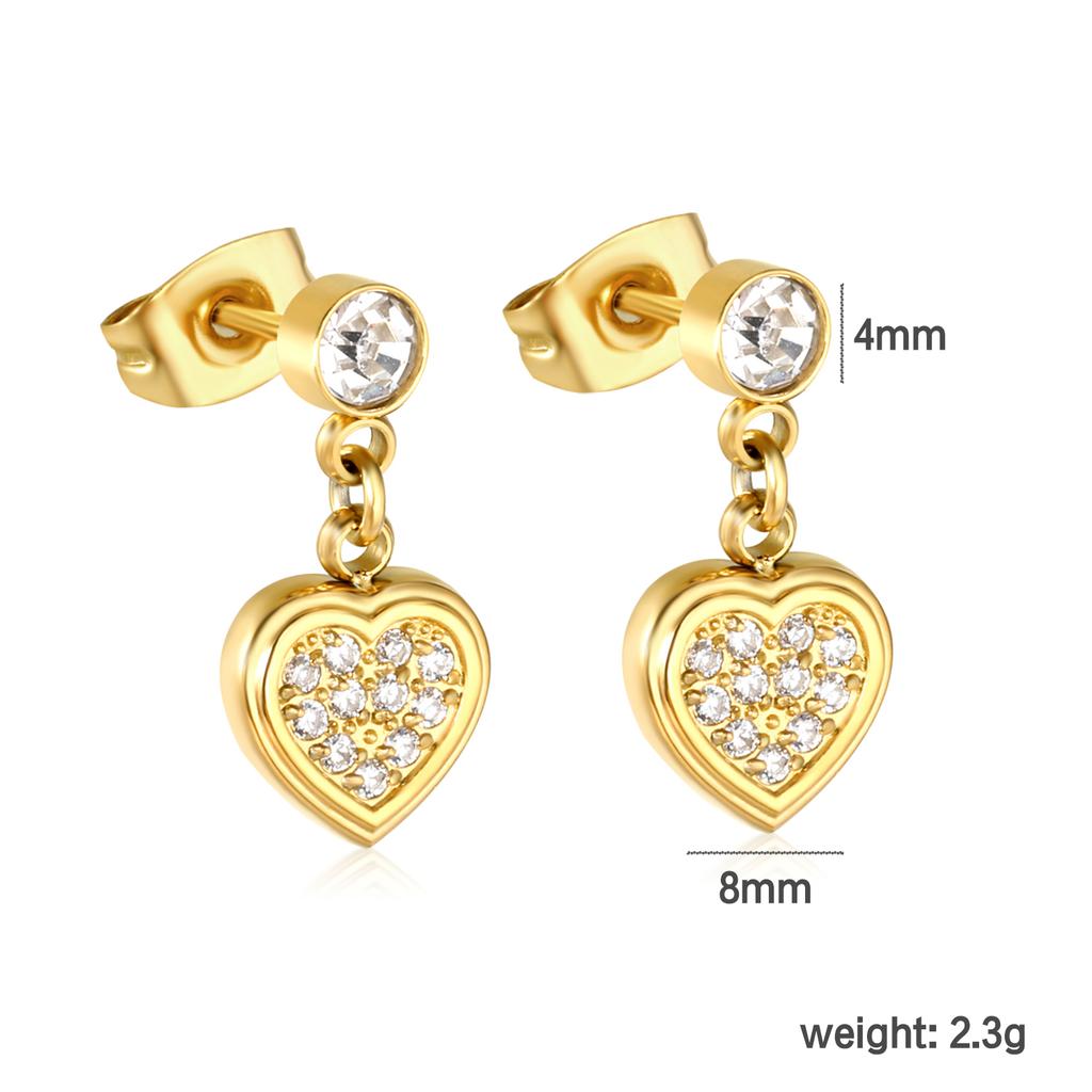Delicate and Sweet Heart-shaped Diamond-studded Earrings for Women, Stainless Steel with Gold Plating Luxury Fashion Jewelry