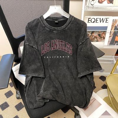 2025 Summer College Style Retro Washed Pure Cotton Women's Short-Sleeve T-Shirt