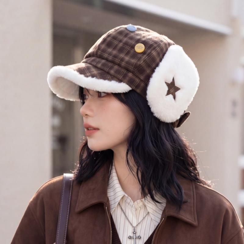 Winter Thick Earmuff Peaked Cap Korean Vintage Plush Warm Short Brim Cap