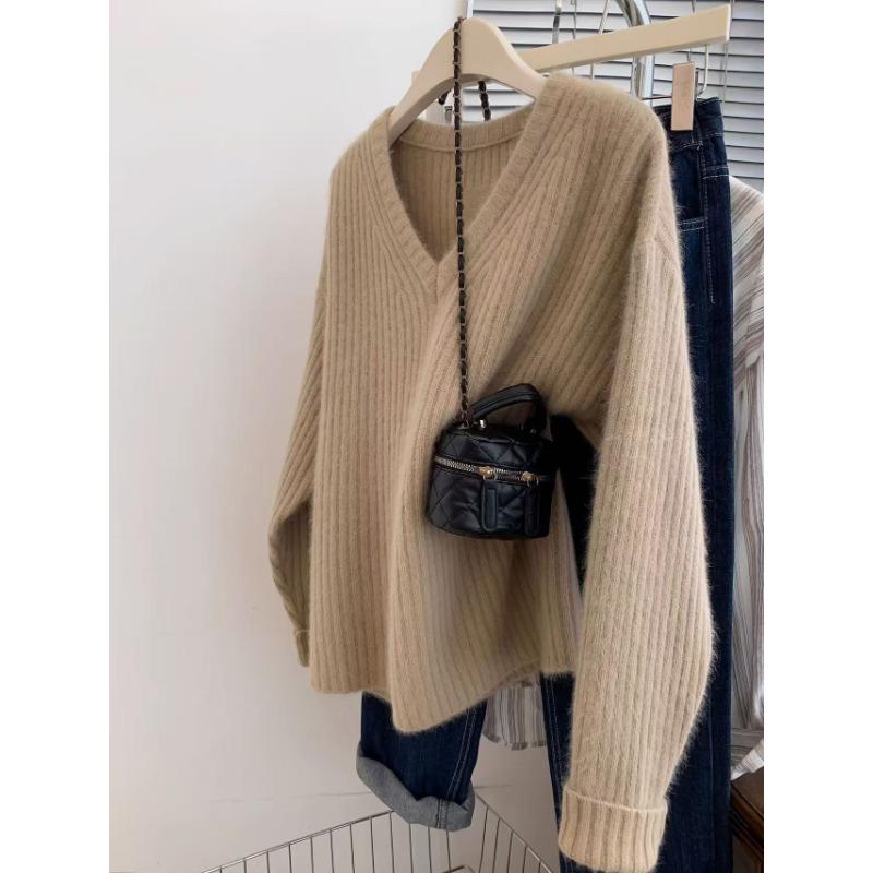 

Синий плюшевый свитер с V-образным вырезом женский осенне-зимний свободный ленивый стиль ощущение высокого класса маленький человек с вязаным свитером внутри 2XL/130-140