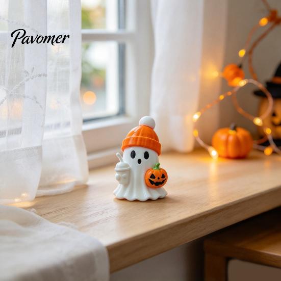 Halloween Desk Decorations 3D Printed Cute Ghost Figurine with Pumpkin Milk Tea, Orange Trend Gifts Beanie Ornaments, Funny Holiday Gift for
