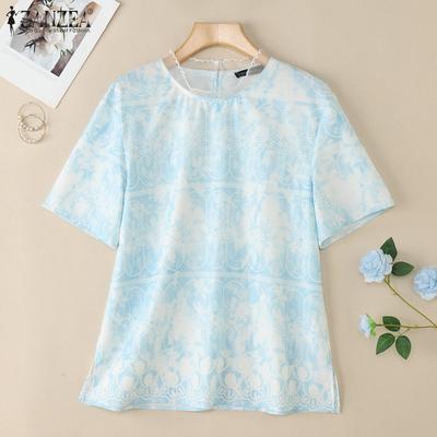 Women Summer Round Neck Casual Short Sleeve Blouse