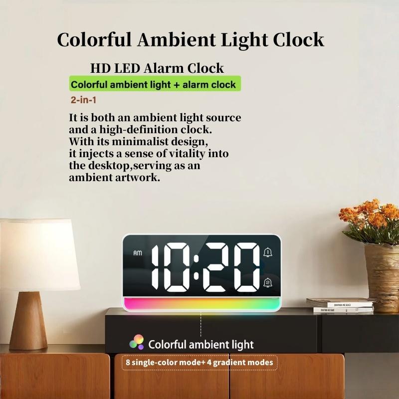 LED Digital Alarm Clock with Colorful Mood Light Night Mode Snooze 12/24H 5 Levels Brightness 2 Alarm DST Table Clock