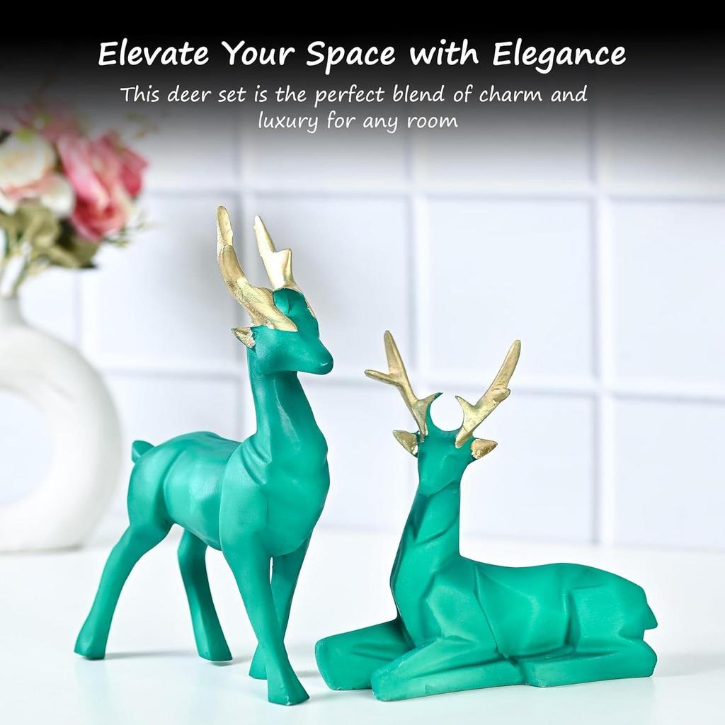 Set of 2 Deer Resin Showpieces Hiran Statues for Home and Office Décor, Nature-Art Pieces, Ideal Gift for Nature Lovers, Family, and Friends (Green)