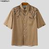 INCERUN Oversized Men Lapel Neck Short Sleeve Striped Print Casual Loose Shirts