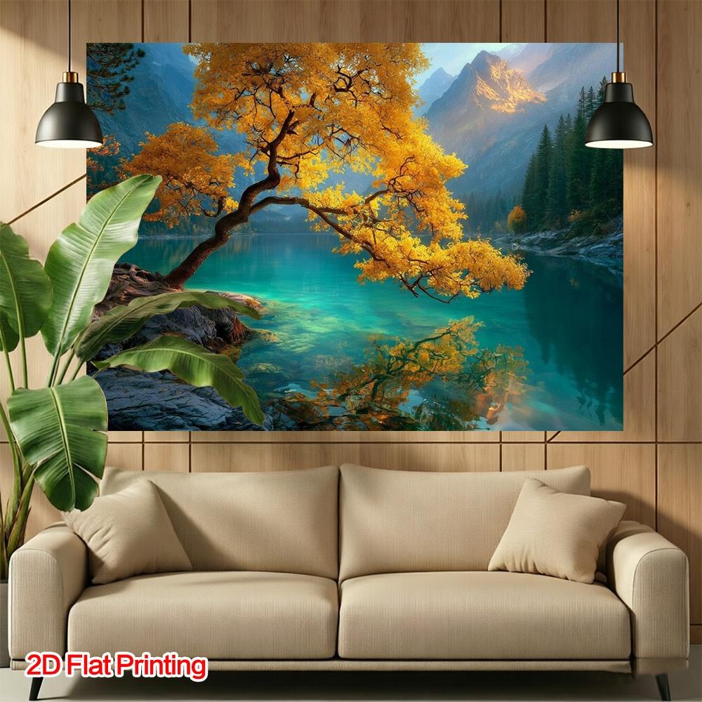2D Plane, 1 Piece. Autumn Trees by the Lake. Suitable for Home Studio Decoration and Balcony/yard Background.