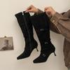 Boots for Women High Heels Pointed Toe Slip-On Knee High Flock Western Girls Footwear Europe America Long Autumn Winter Boots