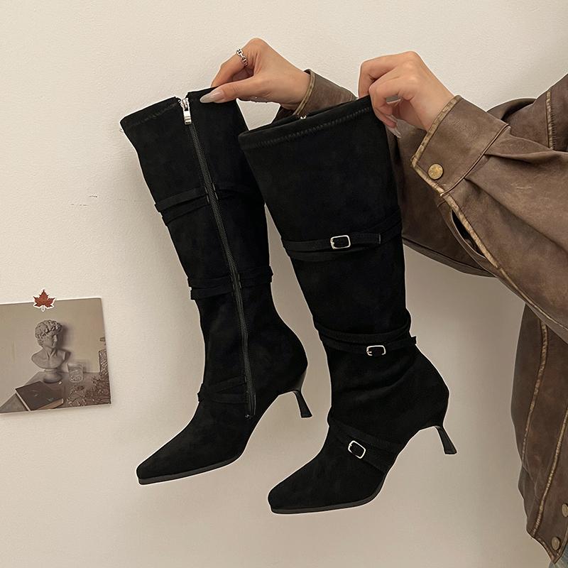 Boots for Women High Heels Pointed Toe Slip-On Knee High Flock Western Girls Footwear Europe America Long Autumn Winter Boots