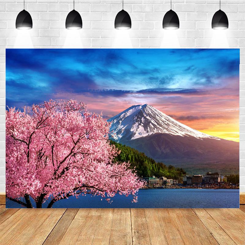 Mocsicka Natural Scenery Photography Background Sakura Under Mount Fuji Decoration Net Red Photo Punch Backdrop Banner