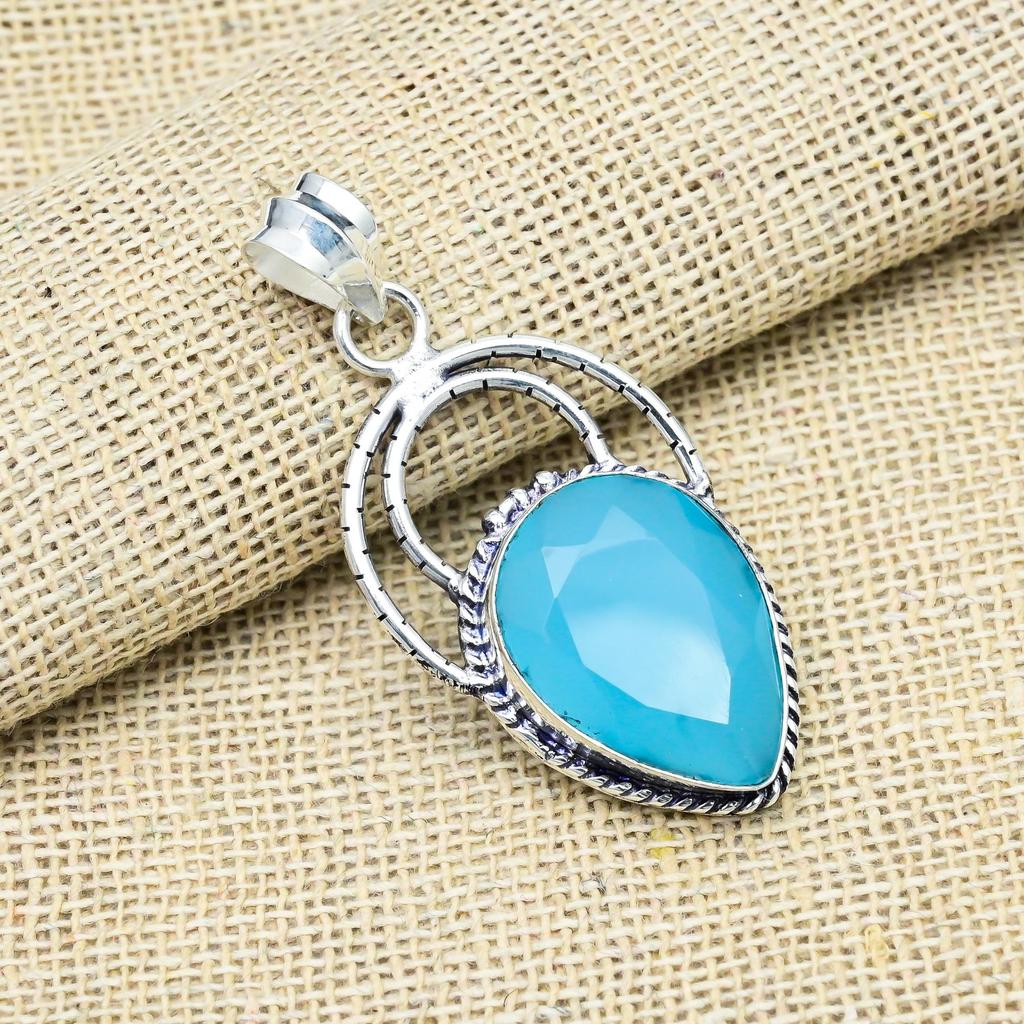 Blue Chalcedony Gemstone 925 Solid Sterling Silver Jewelry Pendant Necklace Gift For Mom