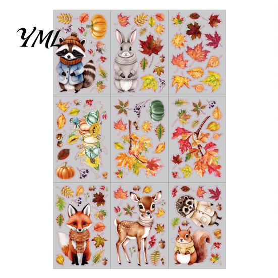 Removable Maple Leaf Decals 9 Sheets Fall Woodland Animals Window Clings, Autumn Pumpkin Autumnal Home Holiday Accents Squirrel Fox Rabbit Glass