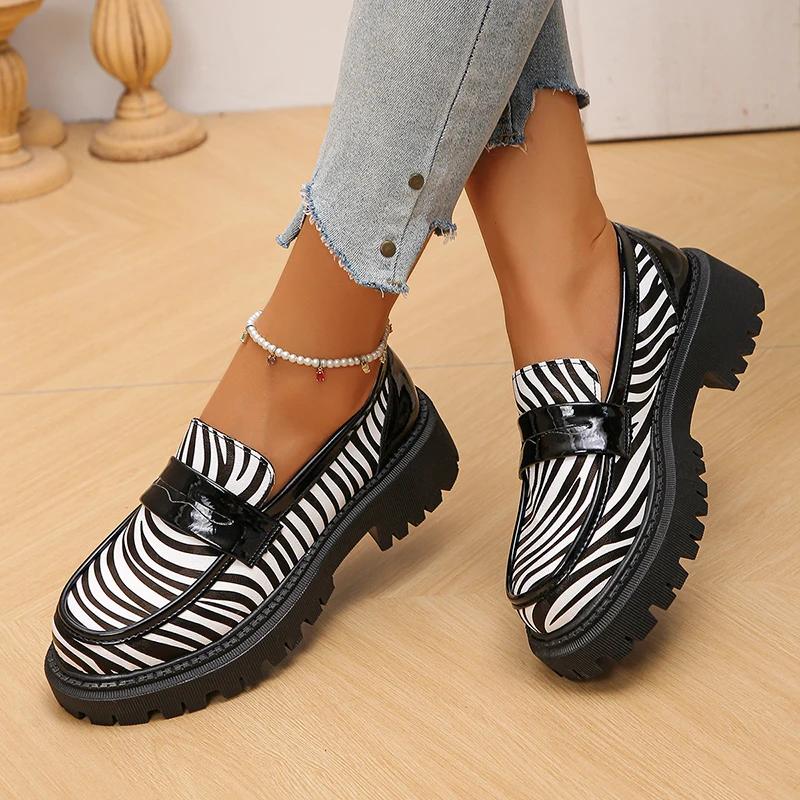 Cow Print Zebra Print Chunky Platform Pumps Women 2025 Autumn Pu Leather Thick Sole Loafers Woman Plus Size Uniform Lolita Shoes