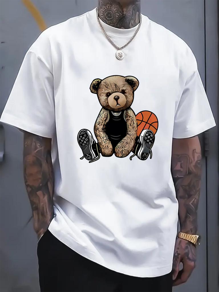 Herren Sommer Mode Spaß Basketball Bär Druck Bequem Atmungsaktiv Rundhals T-Shirt Outdoor Lässiges Oberteil