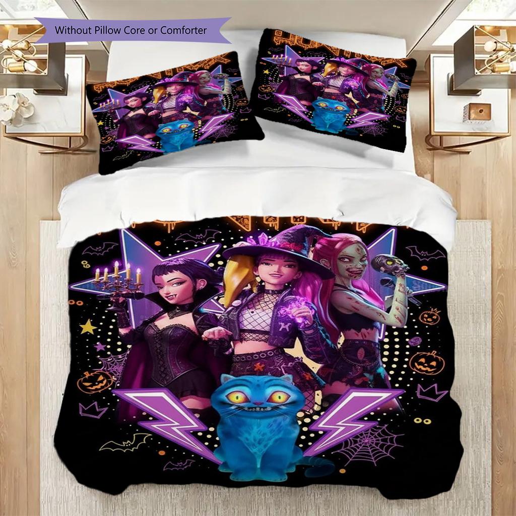 Kpop Demon Hunters Action Three-piece set (1 * duvet cover + 2 * pillowcase, without core) 2D Flat Soft and comfortable Bedding set