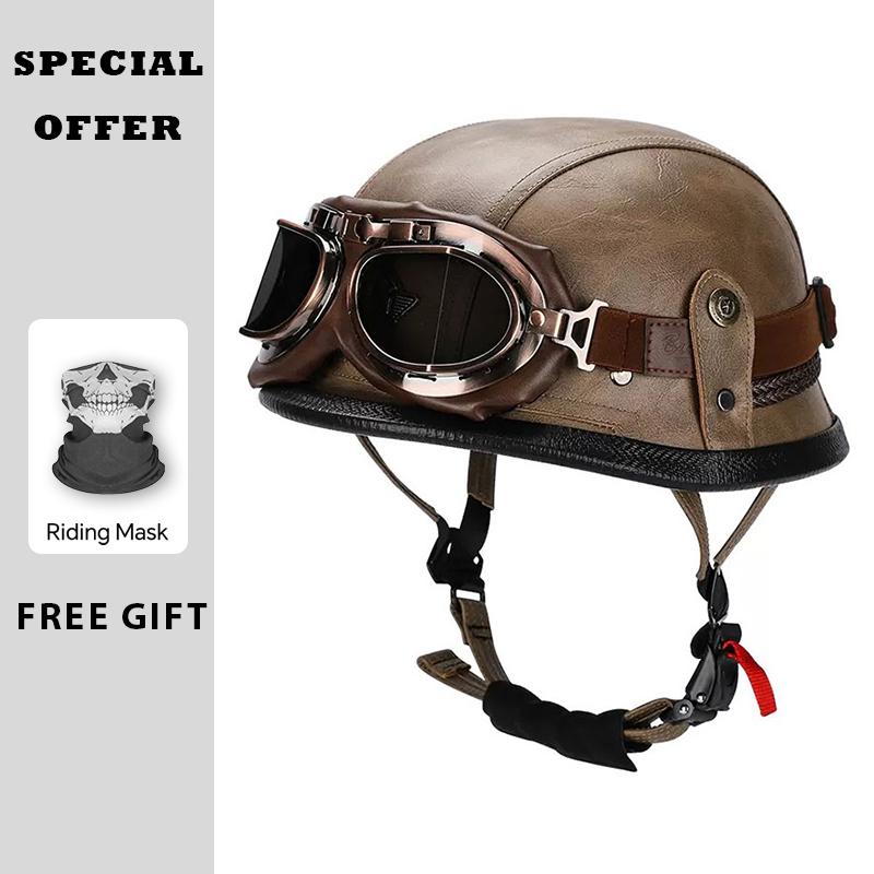 Classic Retro Leather Half Face Moto Helmets DOT Approved Low Profile Open Half Helmets Motorcycle Scooter Cruiser Four Seasons