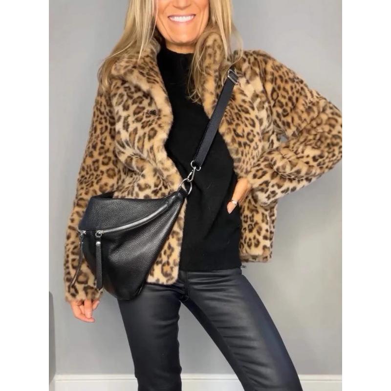 2024 Winter New Foreign Trade Women's Jacket, Best-Selling Fashionable Leopard Print Lapel Faux Fur Wool Top