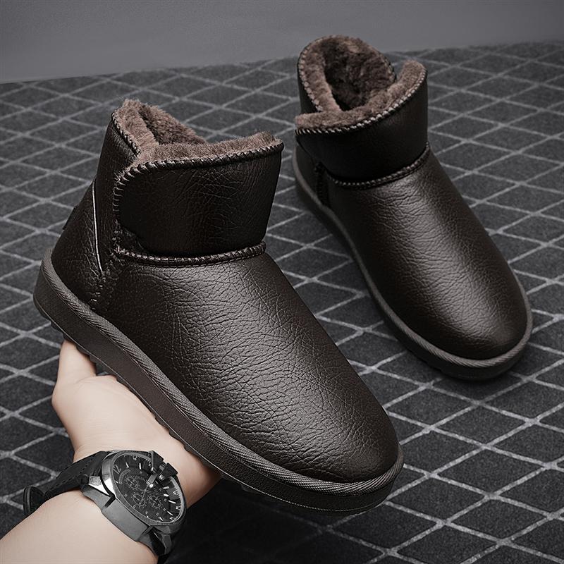 Leder-Schneestiefel für Paare Winter Warmhalten Stiefeletten Trendig Allround Anti-Rutsch Dick Plüschstiefel für Herren Baumwollschuh Slipper