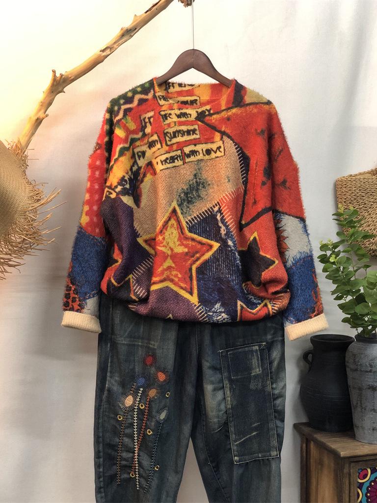 Autumn Winter Knit Loose Casual Long Sleeve Sweater with New Print Pattern