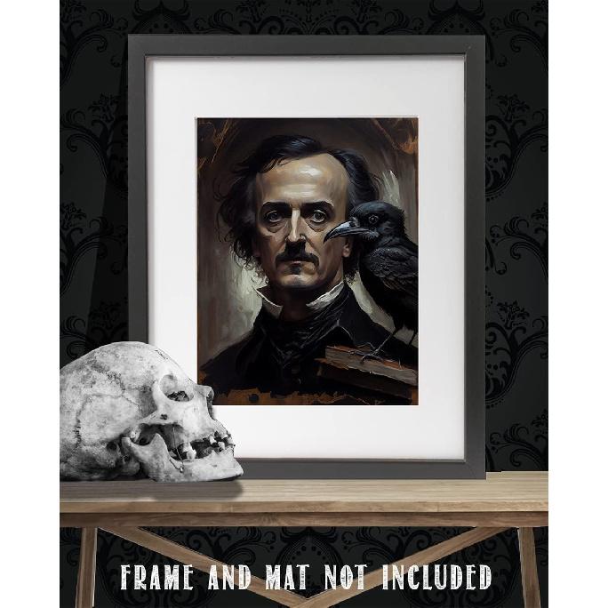 Edgar Allan Poe and the Raven Portrait Poster - 11x14 Print Raven Wall Art - Gothic Decor - Spooky Wall Decor