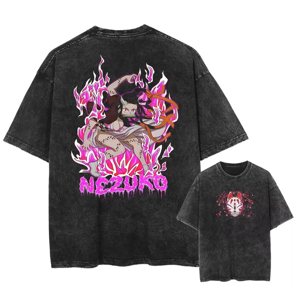 Streetwear Anime Graphic Print T-shirt Harajuku Washed Vintage T-Shirt Oversized Women Summer Cotton Men Top Tee Unisex