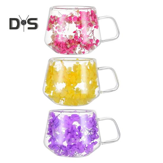200ML Clear Glass Mug Double Wall Insulated Cup with Handle Aesthetic Dehydrated Flower Design Heat Preserving Tumbler for Coffee Tea