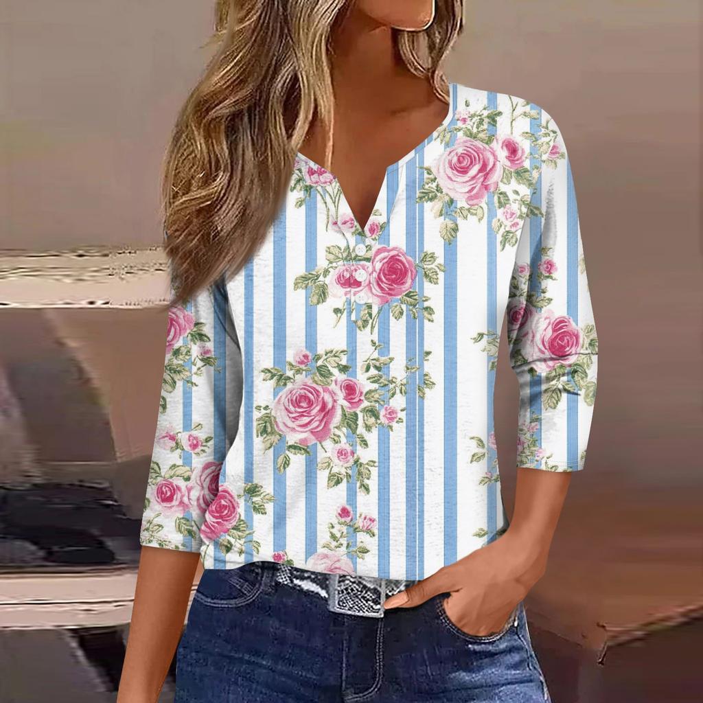 Women's Loose Casual Flower Print Seven Quarter Sleeved V-Neck Top Seven Quarter Sleeved V-Neck Top