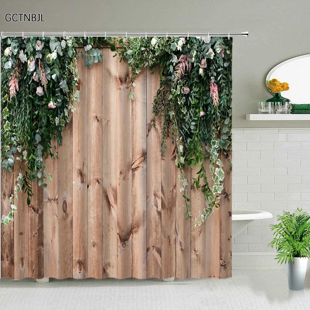 Flowers Green Plants Shower Curtains Set Bathroom Decor Garden Background Wall Hanging Cloth Washable Bathtub Screen With Hooks