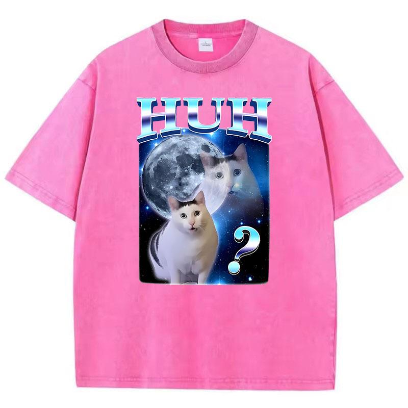Cat Saying Huh Harajuku T Shirt Vintage Washed Cotton T-Shirt Graphic Tee Casual Streetwear Spring Summer Fall