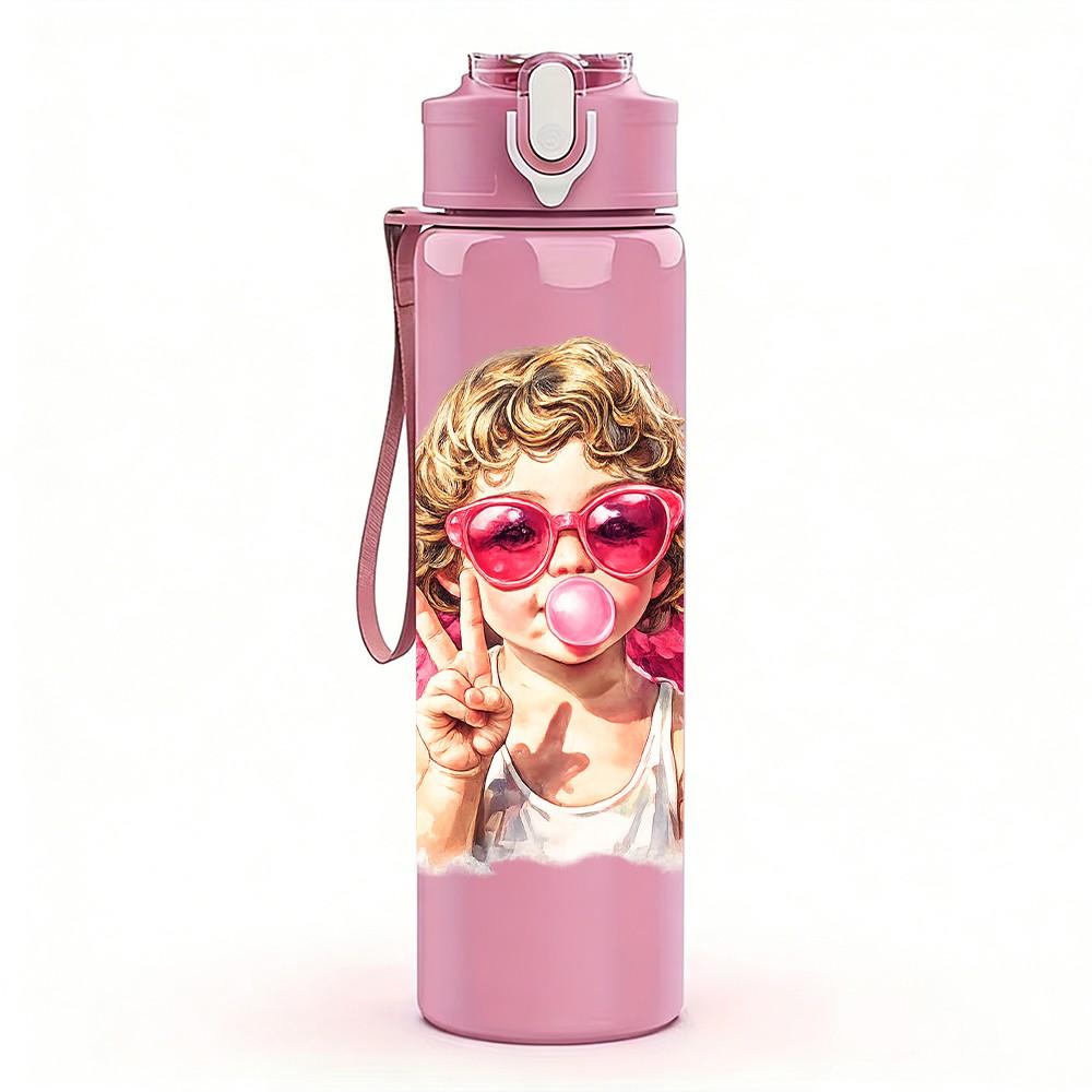 1PC Girl Pink Sunglasses Angel Print 750ml Color Plastic Sports Water Bottle Leakproof Flip Straw Lid Suitable for Sports Office Home Use