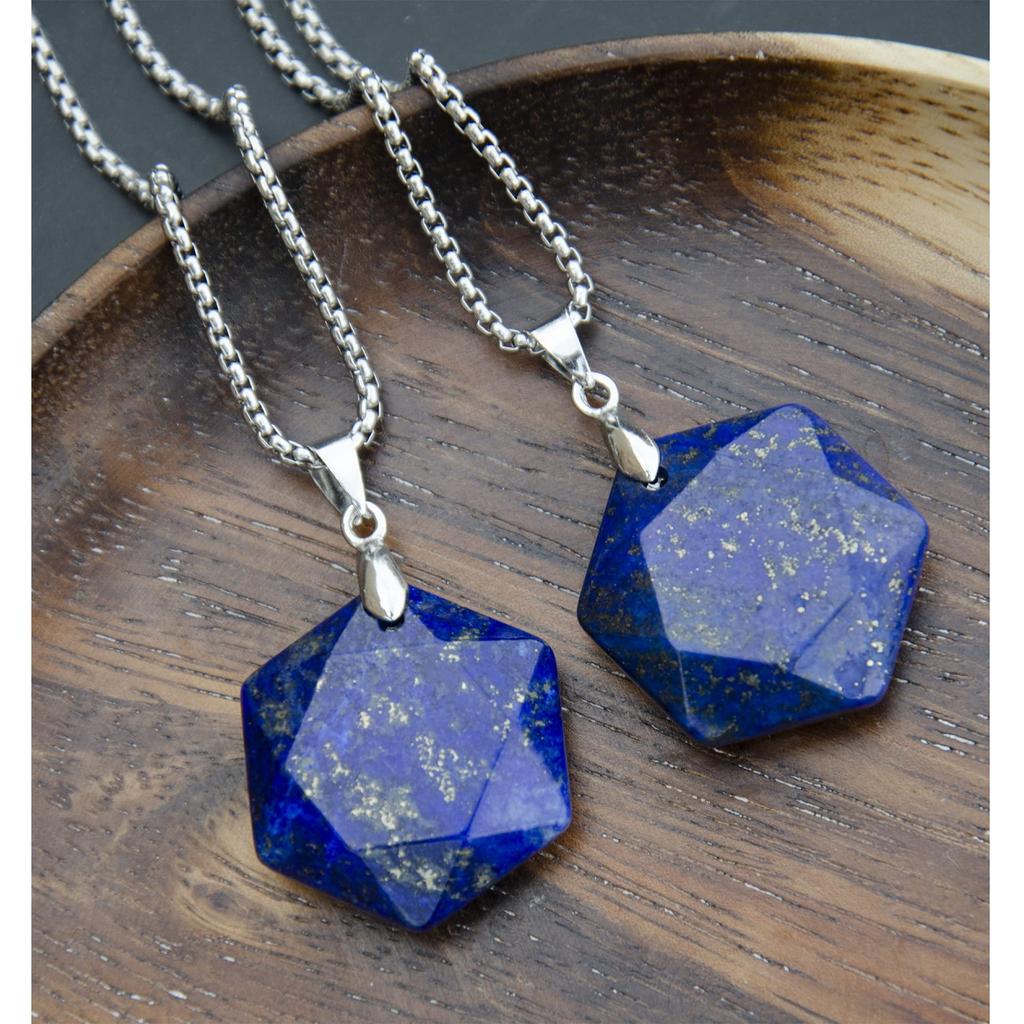Echte lapis lazuli sechseckige Stern Halskette Heilkristall Anhänger, Verstellbare Naturstein Halskette Reiki Quarz Schmuck Unisex, Edelstahl